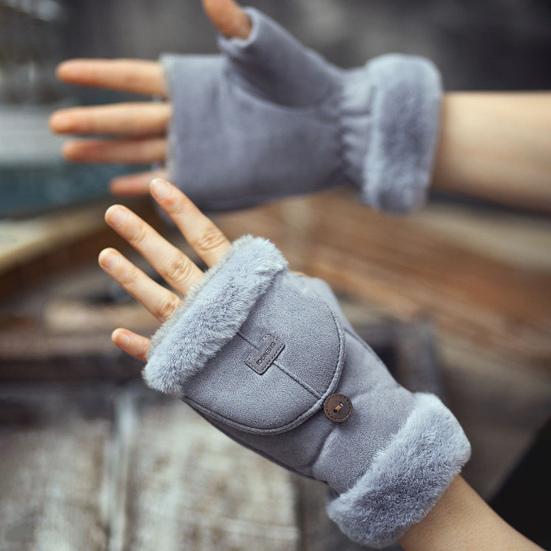 Women Winter Suede Gloves Thickened Convertible Fingerless Mittens Fleece-lined Warm Gloves with Fluffy Cuffs for Outdoor Cycling Hiking