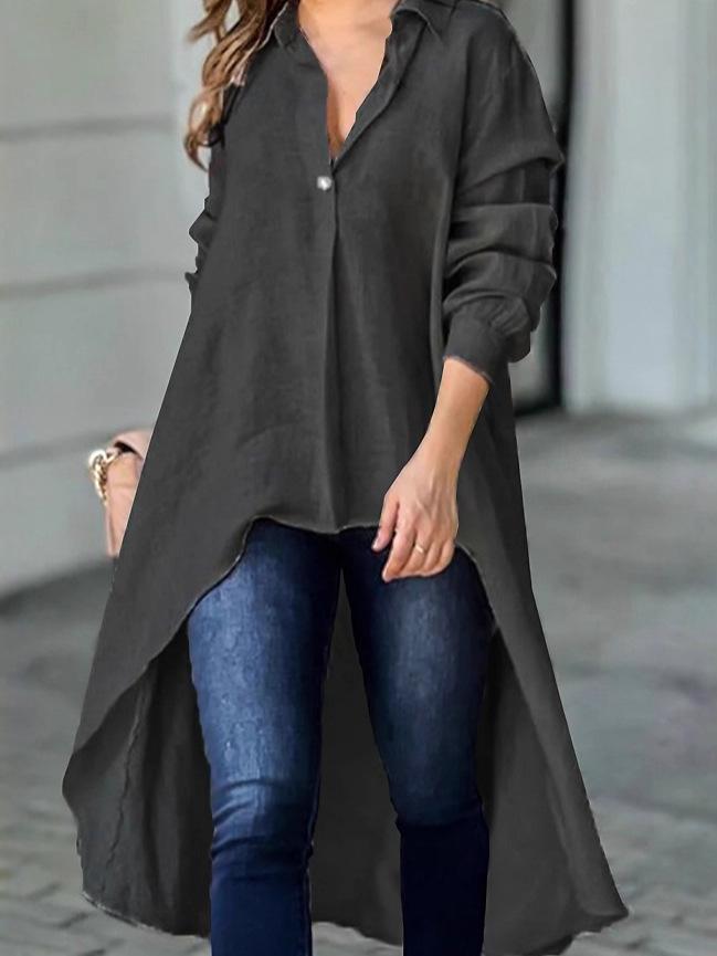 Women's Autumn/Winter Solid Color V-Neck Long Sleeve Irregular Long Shirt