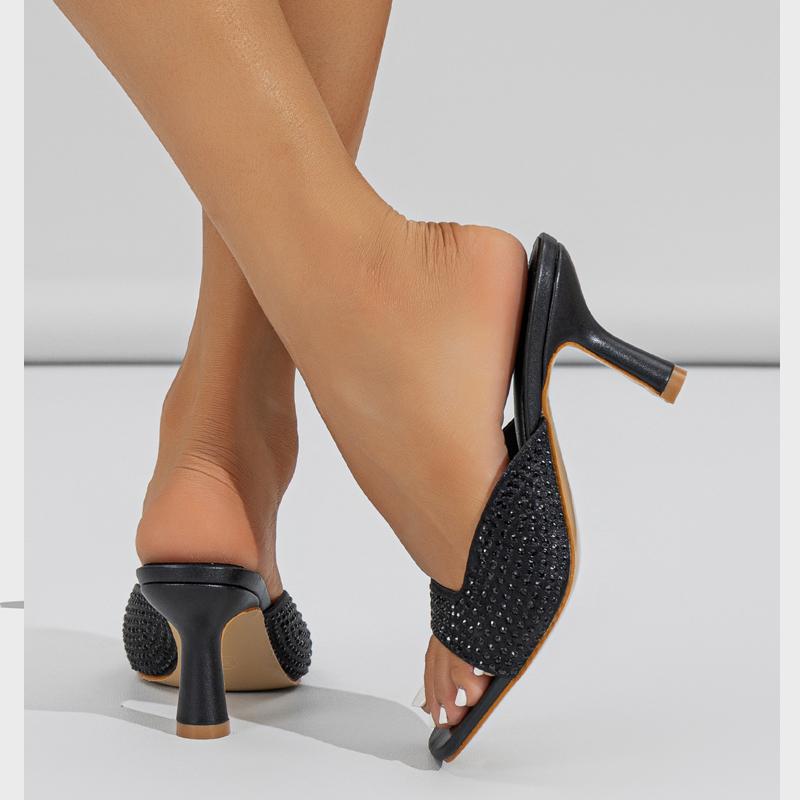 Eilyken КРИСТАЛЛ Бриллиант Квадратный Носок Женские Шлепанцы 2025 Лето Открытый Носок Низкий Каблук Вечеринка Платье Слайд Обувь