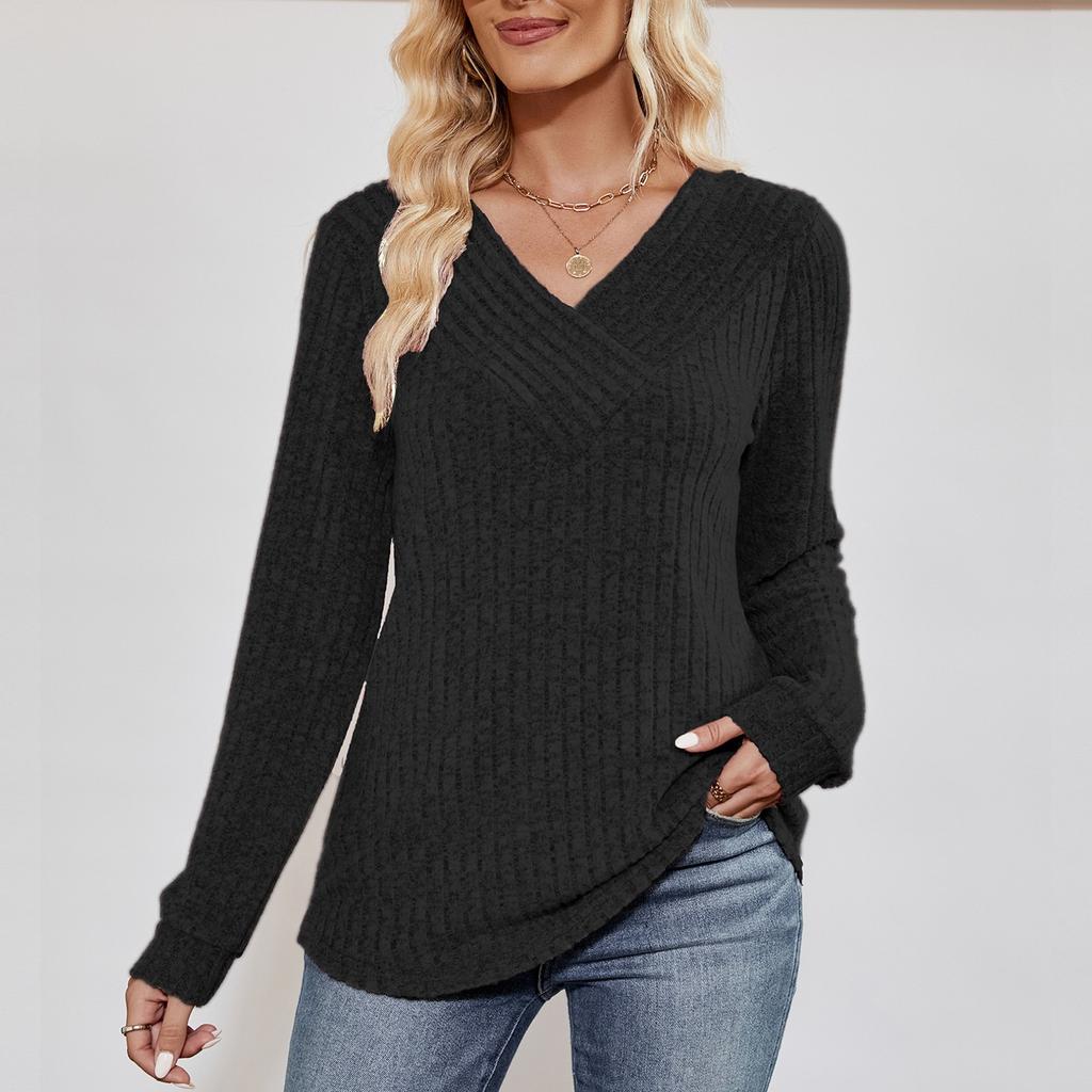 Женская мода однотонный длинный рукав V-образный вырез повседневный пуловер футболка топ