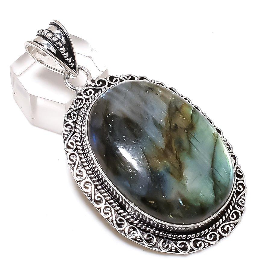 Natural Labradorite Gemstone 925 Sterling Silver Jewelry Pendant 2.48" Q0I14