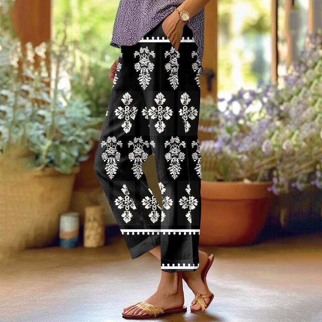 Женские модные повседневные брюки с цветочным принтом, прямые брюки с карманами и эластичной талией