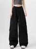 Women Big Pockets Cargo Pants Y2k High Elastic Waist Drawstring Baggy Trousers Vintage Casual Loose Wide Leg Straight Pants