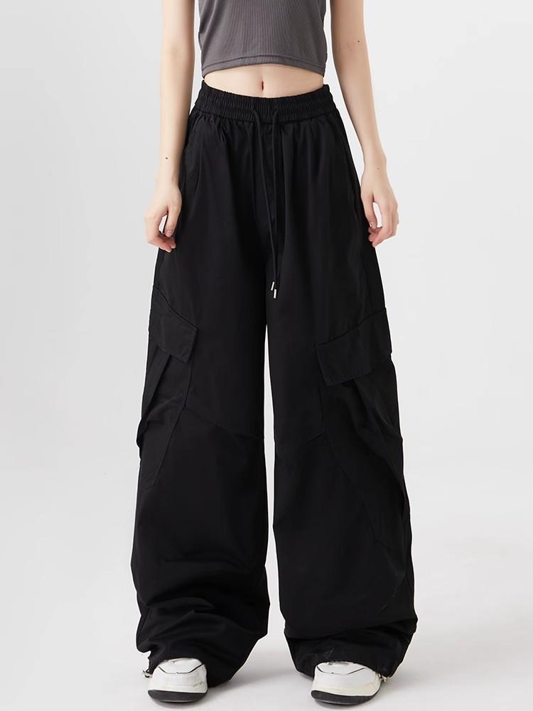 Women Big Pockets Cargo Pants Y2k High Elastic Waist Drawstring Baggy Trousers Vintage Casual Loose Wide Leg Straight Pants