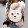 Женский свитер, модная футболка с круглым вырезом и длинным рукавом, свободная одежда из искусственного хлопка, женская повседневная футболка с милым котом для девочек, уличная одежда