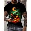 Men's Fashion Halloween T-Shirt 3d Digital Printed Horror Pumpkin and Skull Pattern Bright Orange Casual Short Sleeve Top