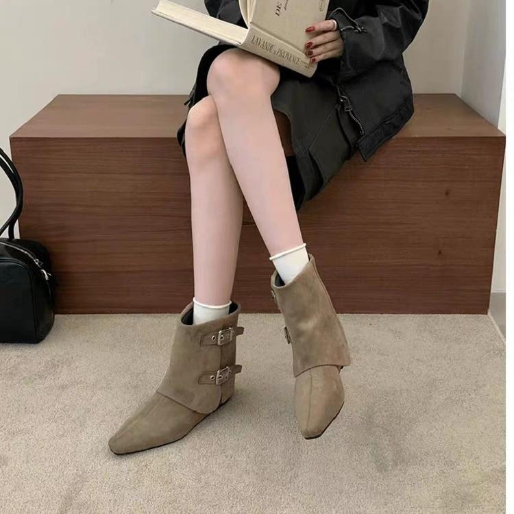 Retro belt buckle fashion boots women's autumn soft-soled inner heightening trouser tube boots sleeve slim small square head short boots