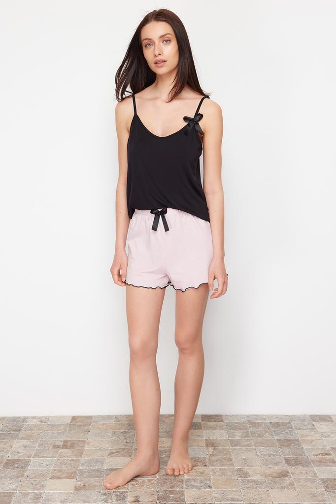 Women's Fashion New Pajama Set Black-Powder Polka Dot Ribbon Detailed Rope Strap Knitted Pajama Set