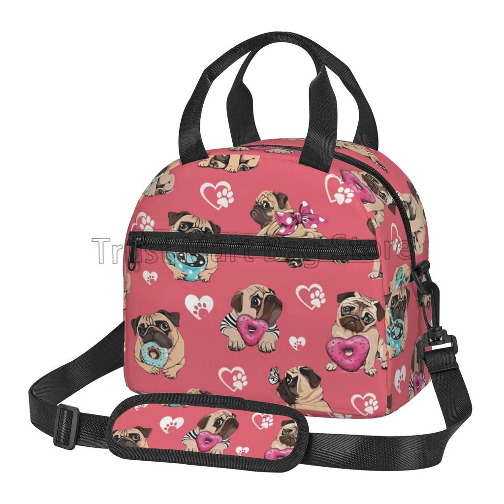 Cute Pug Dog Insulated Lunch Bag for Women Kids Thermal Lunch Box Portable Cooler Tote Bags for School Work Picnic Beach Travel