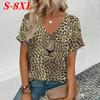 S-8XL Большой размер Сексуальная футболка с V-образным вырезом и 3D-принтом леопарда Женские модные топы Футболки Летняя футболка с коротким рукавом Оверсайз Женская одежда