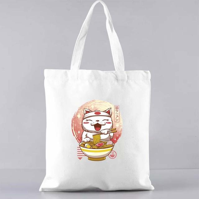 Fashion Shopping Bag Casual Canvas Shoulder Bag Commuter Reusable Japanese Cat Pattern Print Harajuku Bag