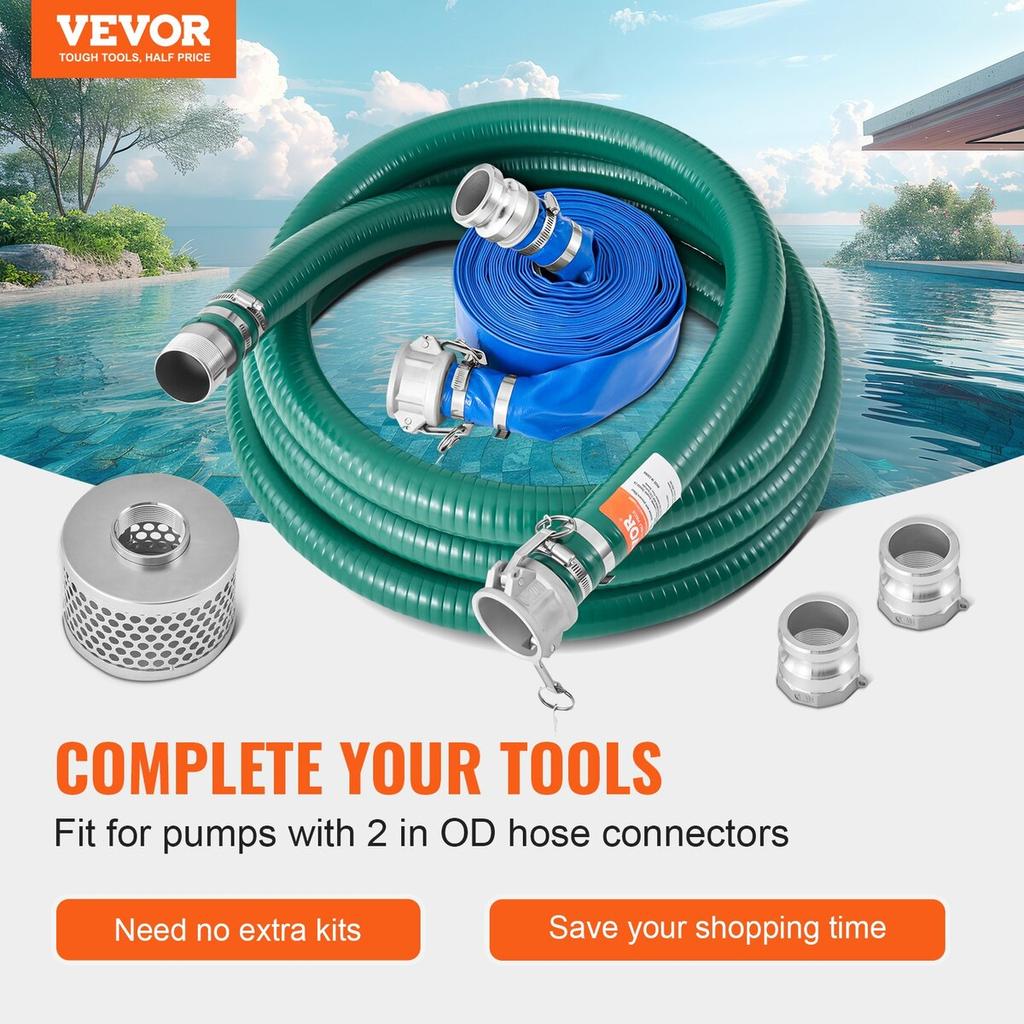 Suction Hose Kit for Water Pump 2 in x 20 ft Green/65 ft Blue Hoses