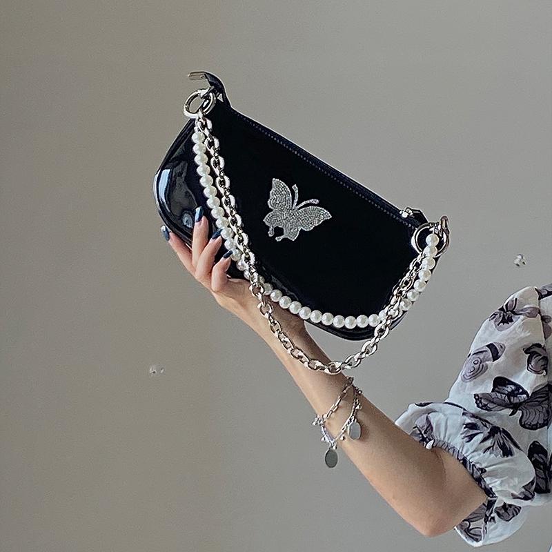 Designer Underarm Bag Summer New PU Butterfly Pattern Pearl Chain Glossy Lacquer Leather One Shoulder Crossbody Bag