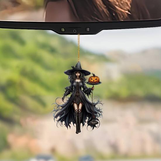 Gothic Witch Pendant 2D Acrylic Car Hanging Ornament Rearview Mirror Ornament for Halloween And Gothic Lovers
