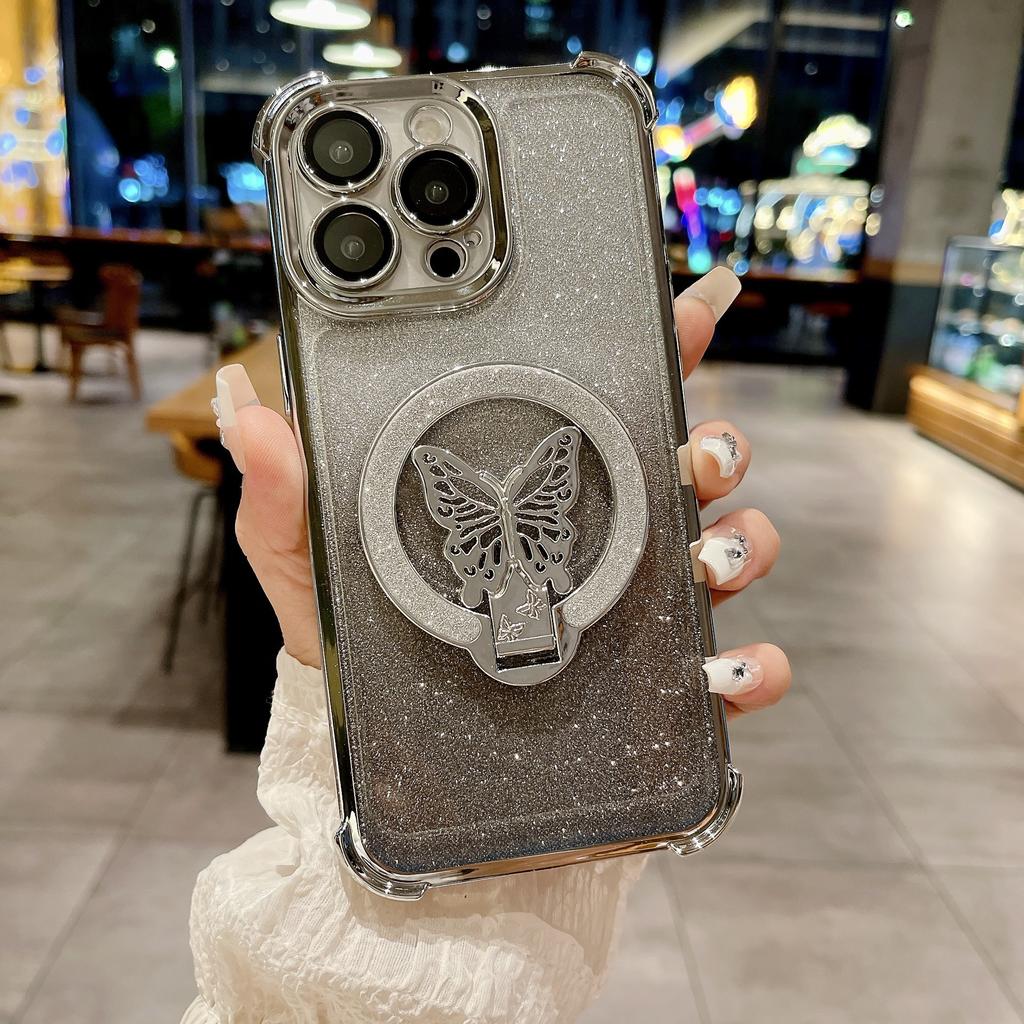 Applicable to iPhone16ProMax mobile phone case butterfly glitter bracket Apple 15 four corners anti-drop protective case