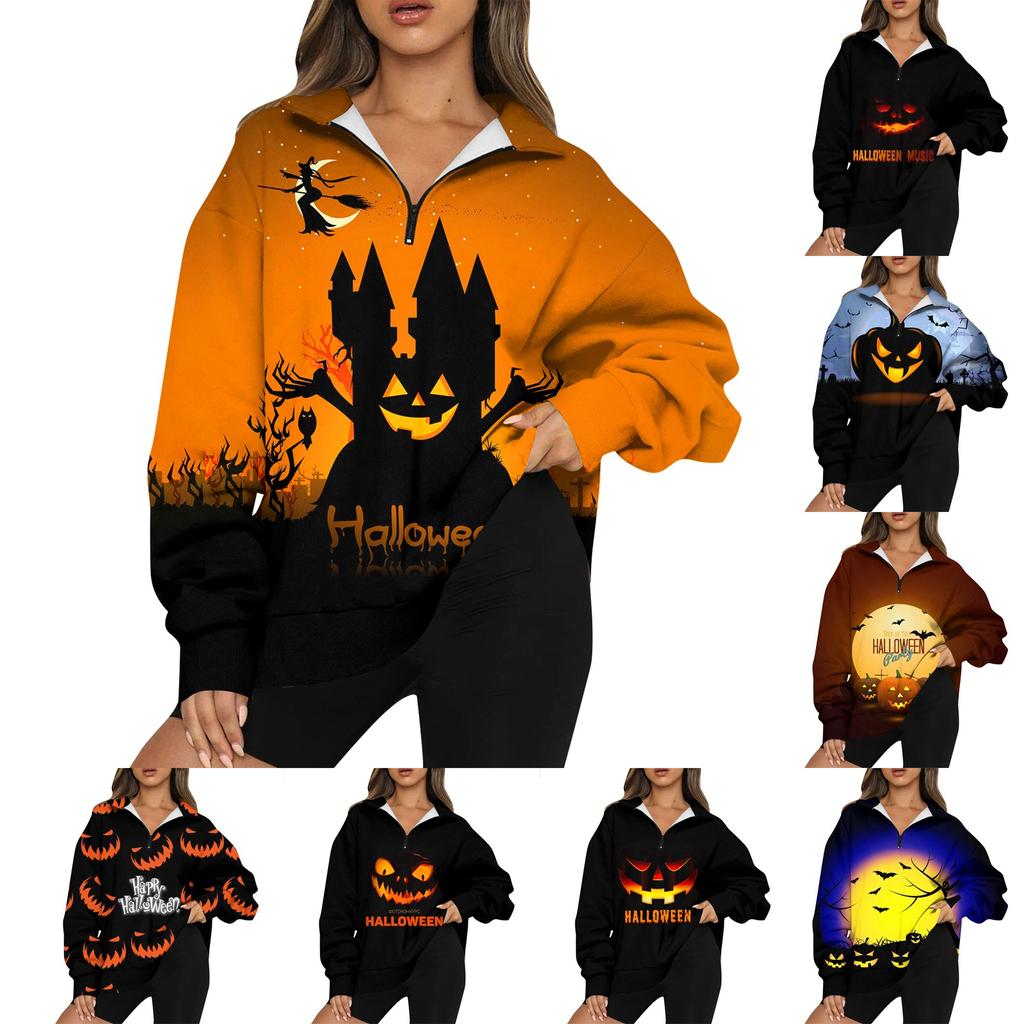 Women's Fashion Casual Long Sleeve Halloween Printed Zipper Turtleneck Drop Shoulder Sweatshirt Top