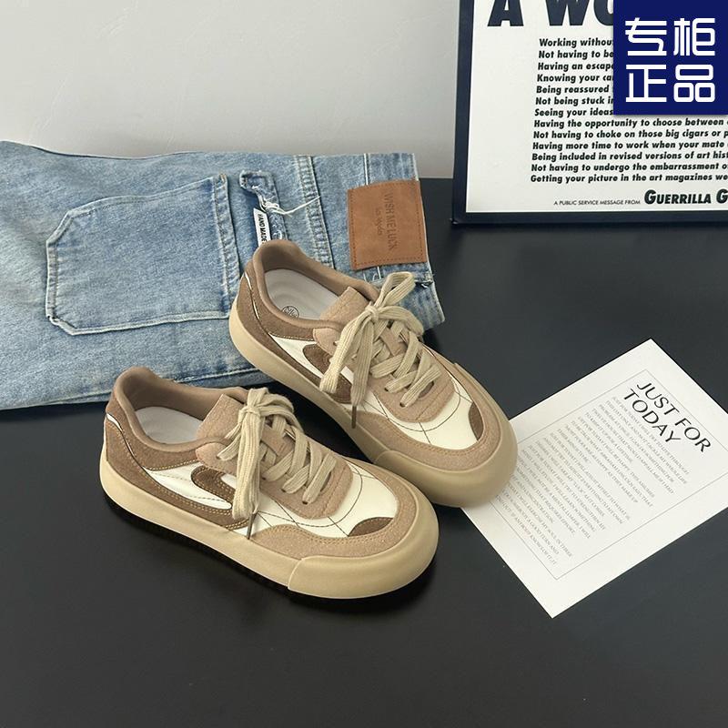 2024 Popular Niche Retro Red Thick Baseplate Shoes Women's Autumn New Hong Kong Style Fashion Round Head Casual Moral Training Shoes