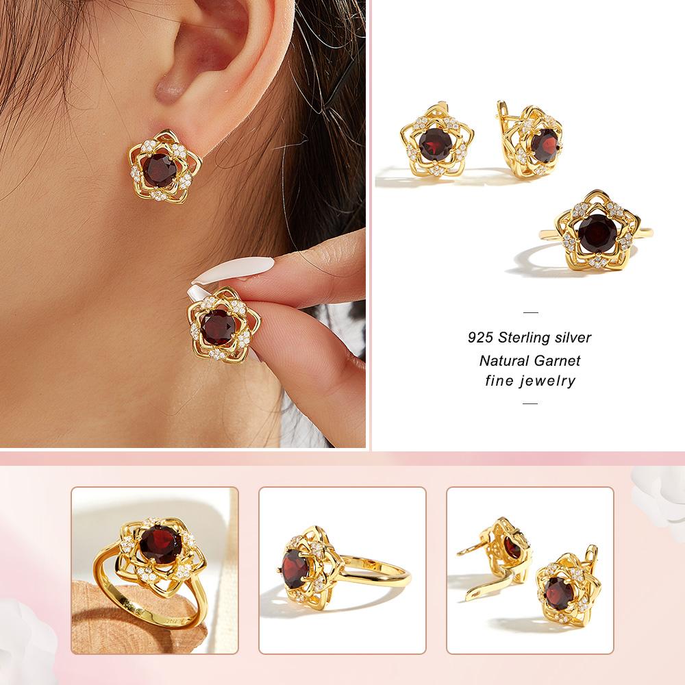 925 Sterling Silver Jewelry Set Flower Design Yellow Clasp Earring Ring Natural Red Garnet Gemstones Fine Jewelry for Women Girls Gift