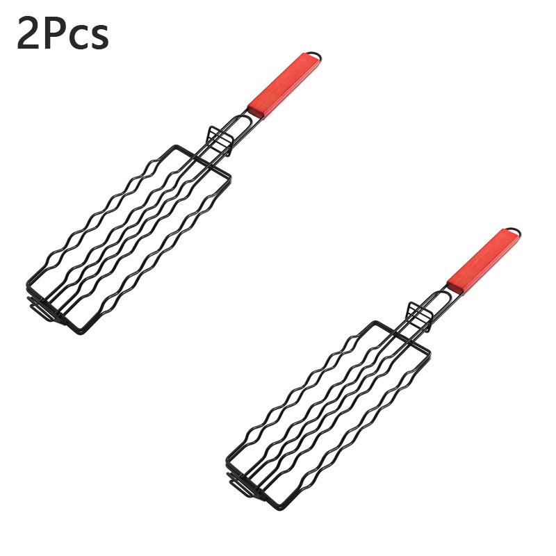 Detachable Sausage Grill Mesh Outdoor Wooden Handle Barbecue Cage Camping Picnics Hot Dog Clips Portable Kitchen Grilling Rack