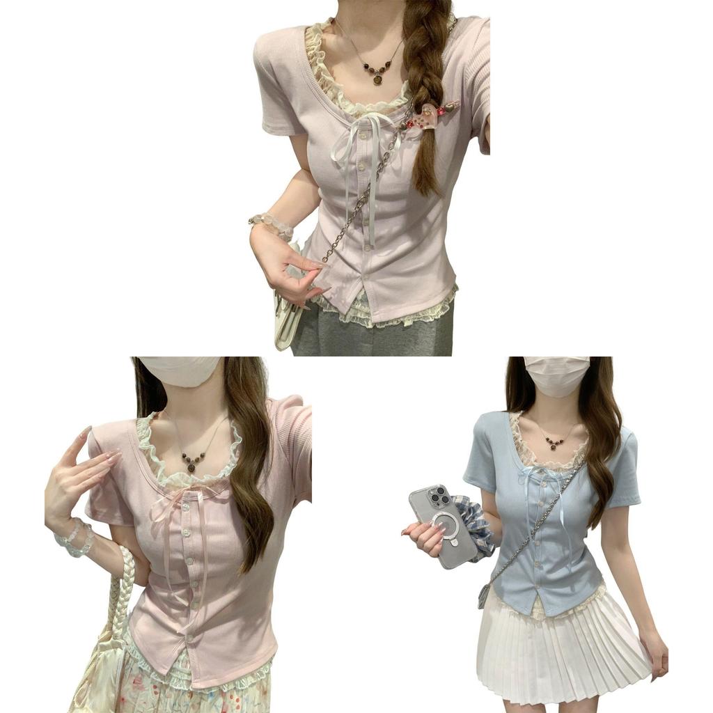 Plain Weave T Shirt With Lace Embroidery For Summer Casuals