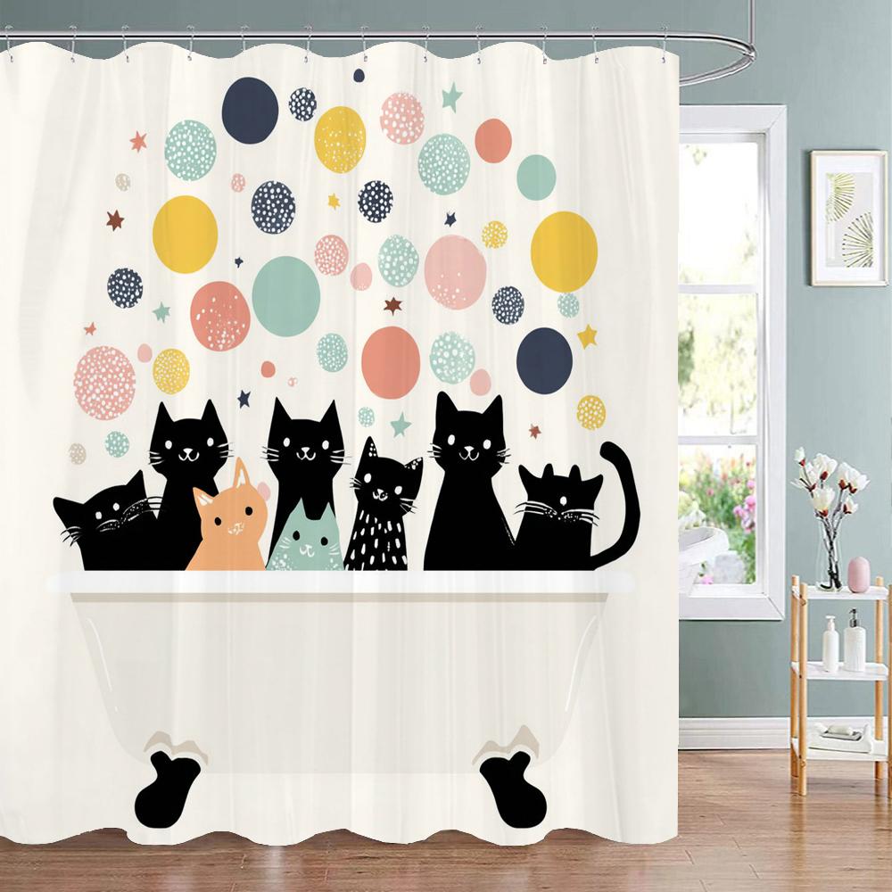 Cute Bathing Cats Art Cartoon Shower Curtain, Bathroom Decorative Shower Curtain, Waterproof Shower Curtain With Hooks