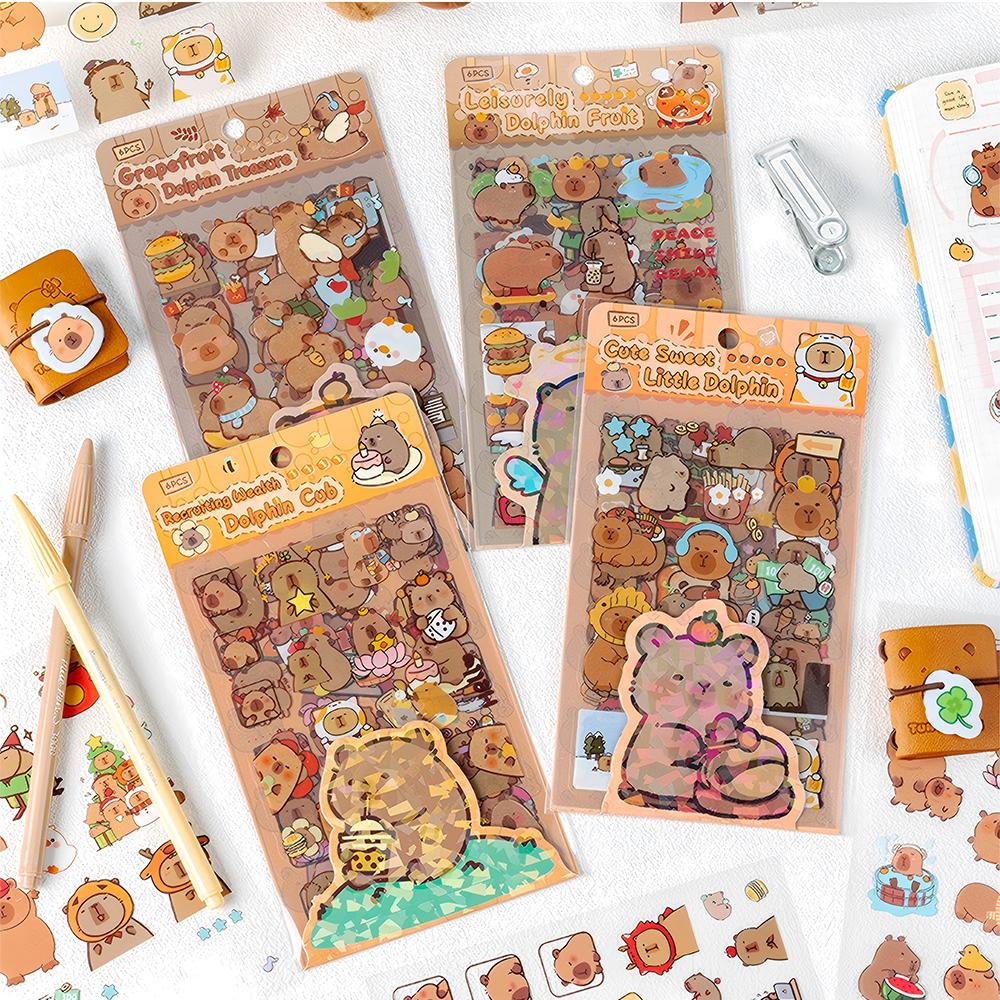 6Sheets/pack Transparent Cute Cartoon Capybara Stickers Kawaii Kids Decals Toys Waterproof DIY Diary Stationery School Supplies