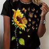 Short Sleeve Sunflower & Butterfly Print Casual Crew Neck T-Shirt for Spring & Summer, Women's Clothing