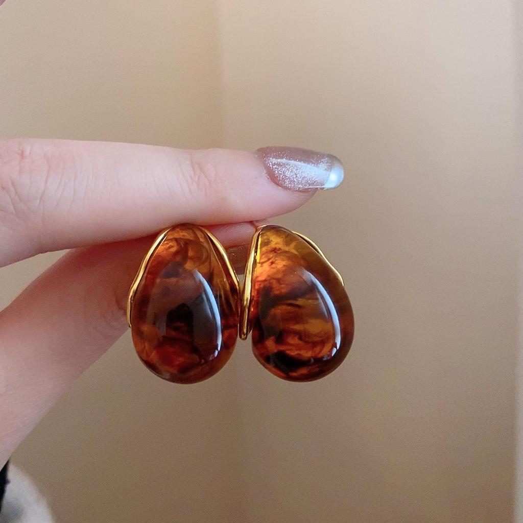 Серьги-пусеты неправильной формы коричневого цвета 'Серебряная игла' - Французская легкая роскошь, ретро, нишевые, высококлассные украшения для женщин.