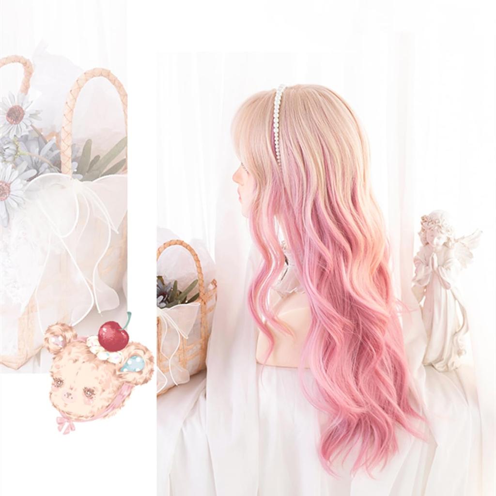 Парик Лолита RyuuCos Длинные волосы Кудрявый розовый парик Розовый градиент Натуральный Харадзюку Косплей Термостойкий Маскировка Настоящее событие Хэллоуин Рождество Школа