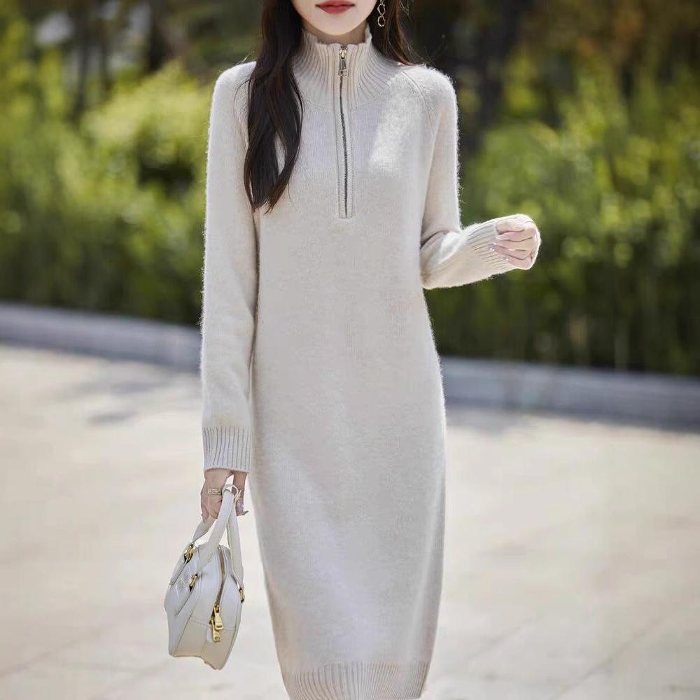Gray Half-zipper Turtleneck Simple Knitted Primer Dress Autumn and Winter New Long Knee Sweater Skirt Women