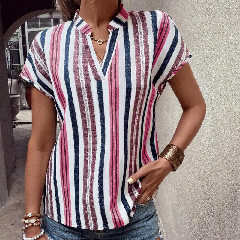 Женская летняя рубашка с коротким рукавом и воротником-стойкой в полоску, модный пуловер, блузка, топ