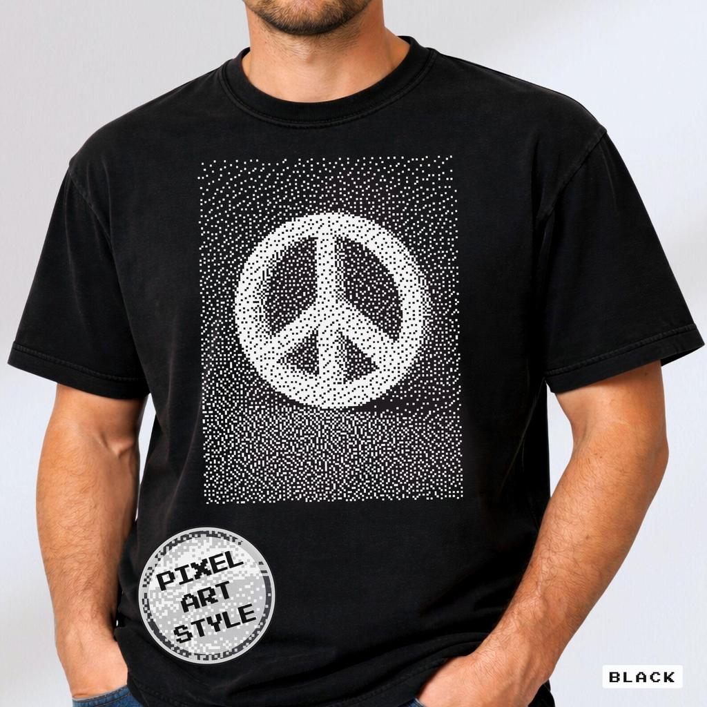 Peace Sign T Shirt, Retro Pixel Art, Dithered Graphic Tee, Comfort Colors 1717