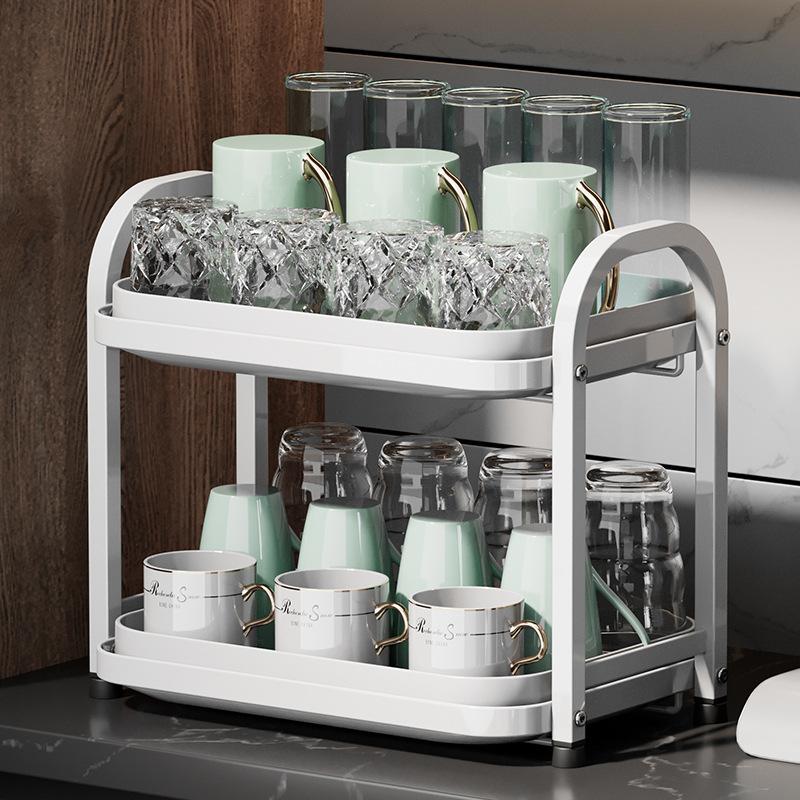Multifunctional Living Room Drainage Cup Holder Desktop Dustproof Storage and Storage Rack Double Layer Air Cup Holder with Water Tray Tea Cup Holder