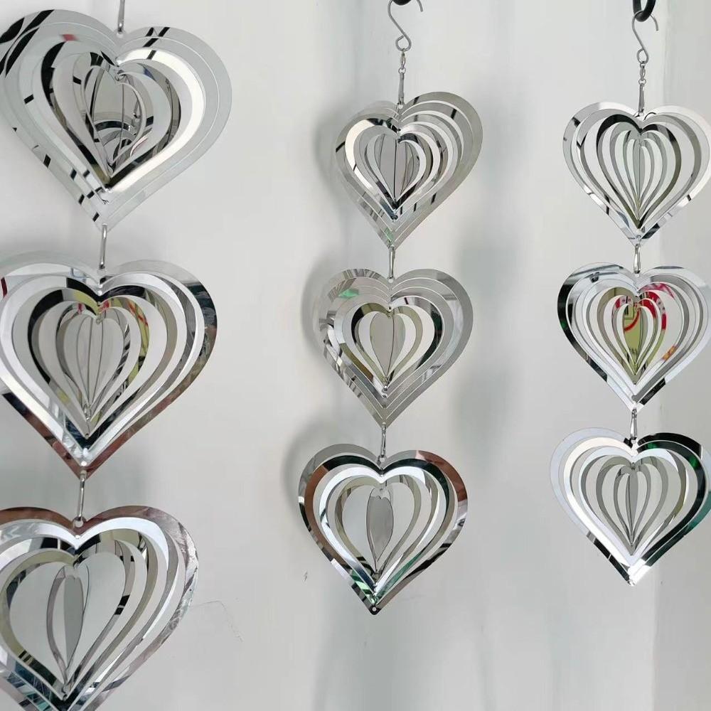 Reflective Surface 3D Metal Heart Double-Sided Wind Spinner Heart Wind Chime Garden Hanging