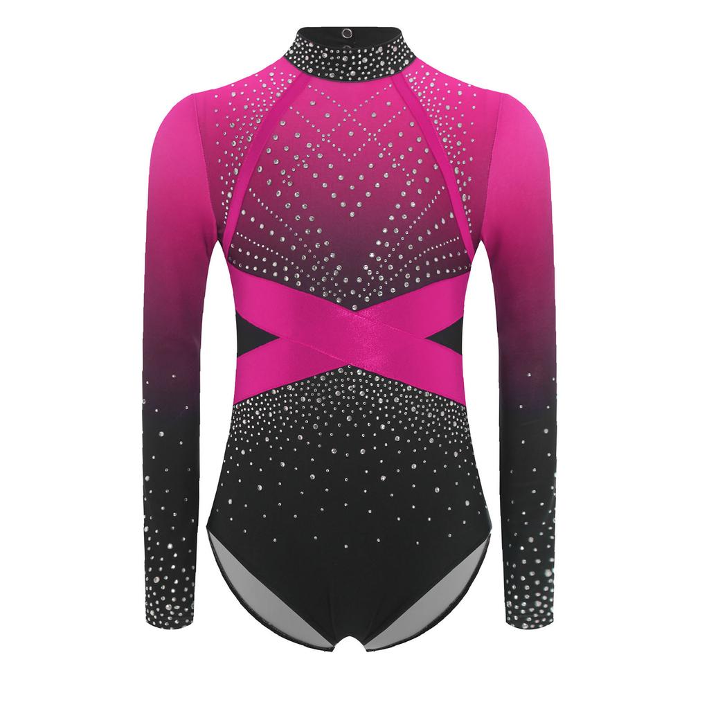 Girls Color Block Ballet Leotard Shiny Faux Diamonds Rhinestone Long Sleeve Gymnastics Ballerina Jumpsuit