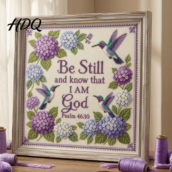 Stamped Cross Stitch Fabric Hummingbird Hydrangea Embroidery Kit Garden Faith DIY Kit Easy for Beginners with Psalm Fabric Beginner Hand Craft