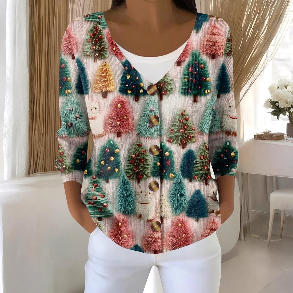Women's Fashion Long Sleeve Christmas Snowman Snowflake Print Jacket Cardigan