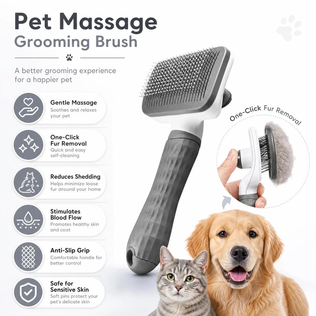 Universal Pet Detangling Brush, Massages Out Knots & Mats. 19cm, for Long/Short Hair, Soothing