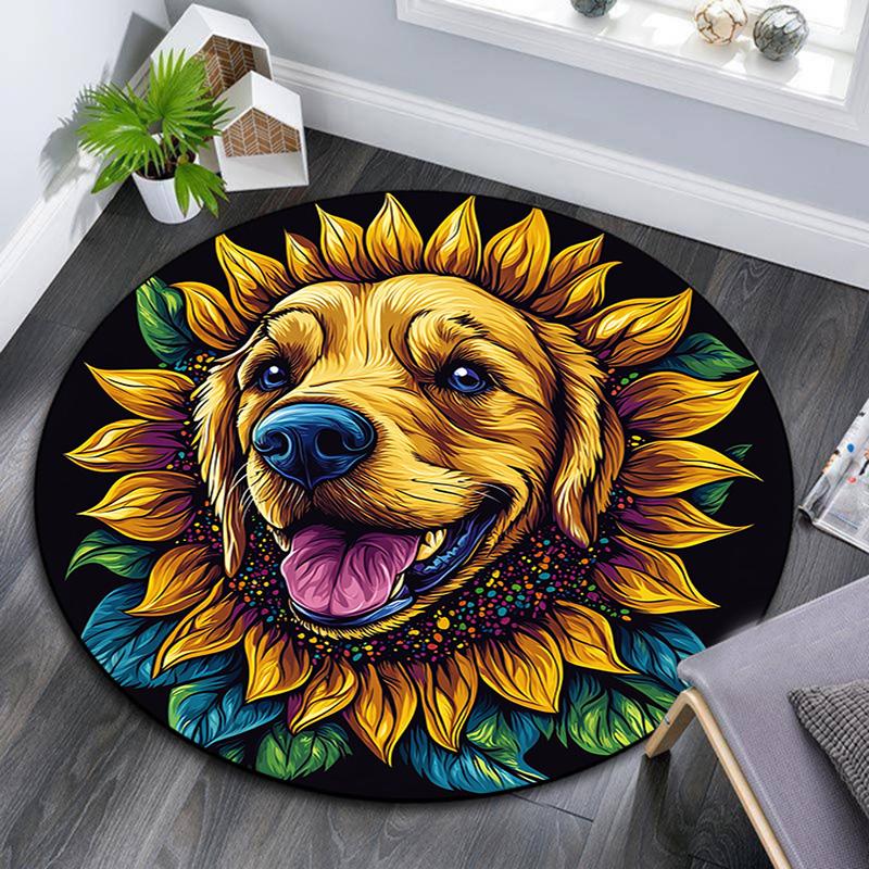 Golden Retriever Sunflower Round Area Rug,Carpet Rug for Living Room Bedroom Sofa Playroom Decor,Non-slip Floor Mat