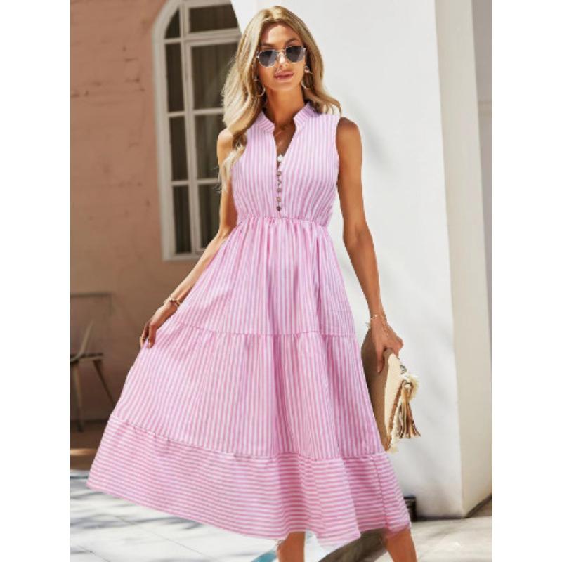 Летнее полосатое платье без рукавов с V-образным вырезом и эластичной талией, большие свободные платья для женщин, повседневные платья