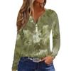 Женская модная повседневная футболка с V-образным вырезом и принтом листьев, с длинными рукавами и декоративными пуговицами