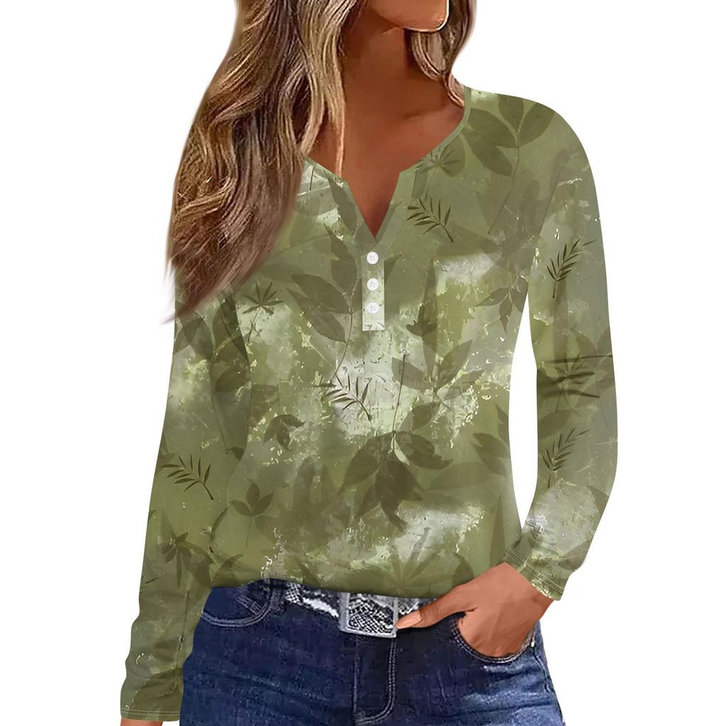 Женская модная повседневная футболка с V-образным вырезом и принтом листьев, с длинными рукавами и декоративными пуговицами