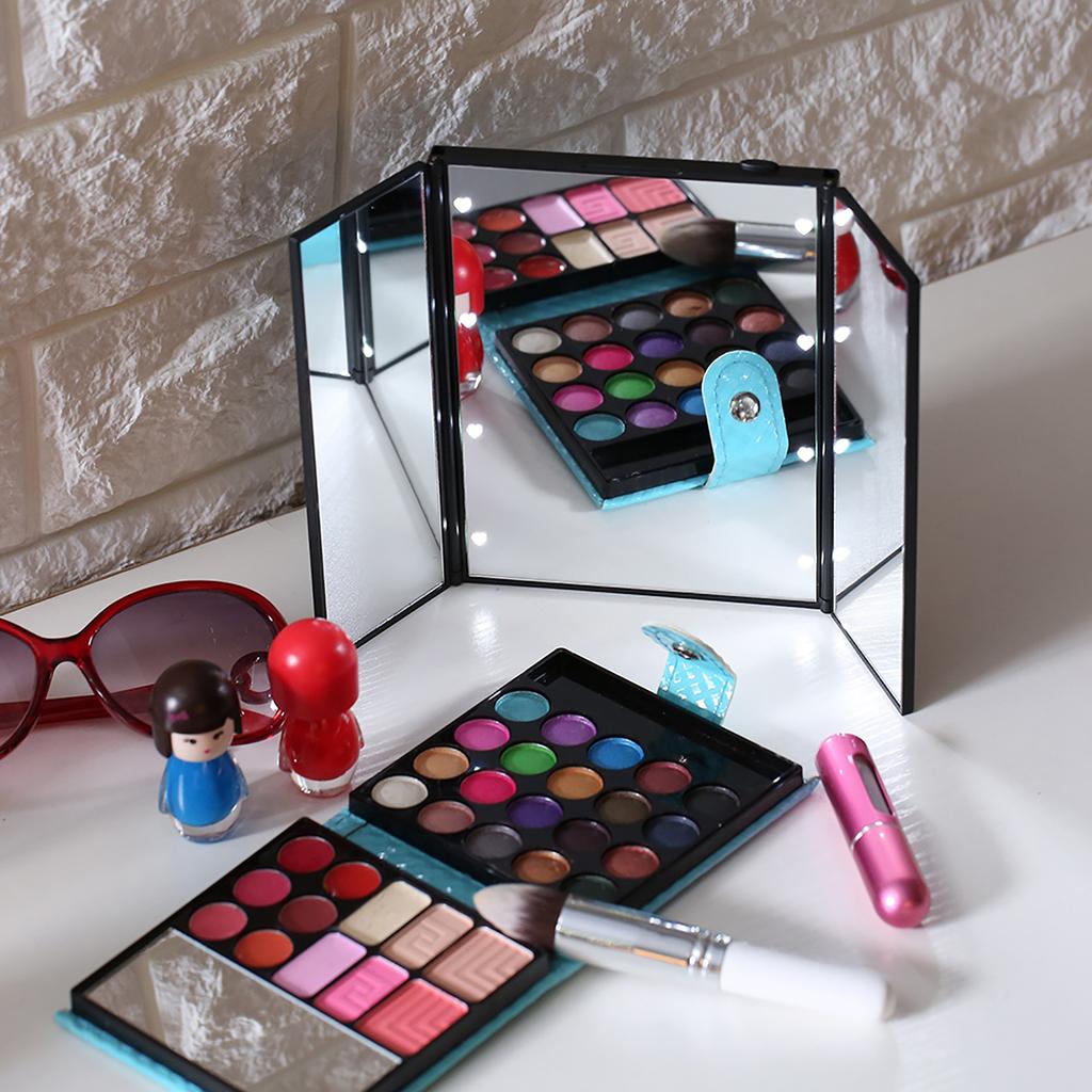 1pc Tri  Sided Foldable 8 Led Brightness Lights Desktop Table Makeup Cosmetic Mirror (Black)