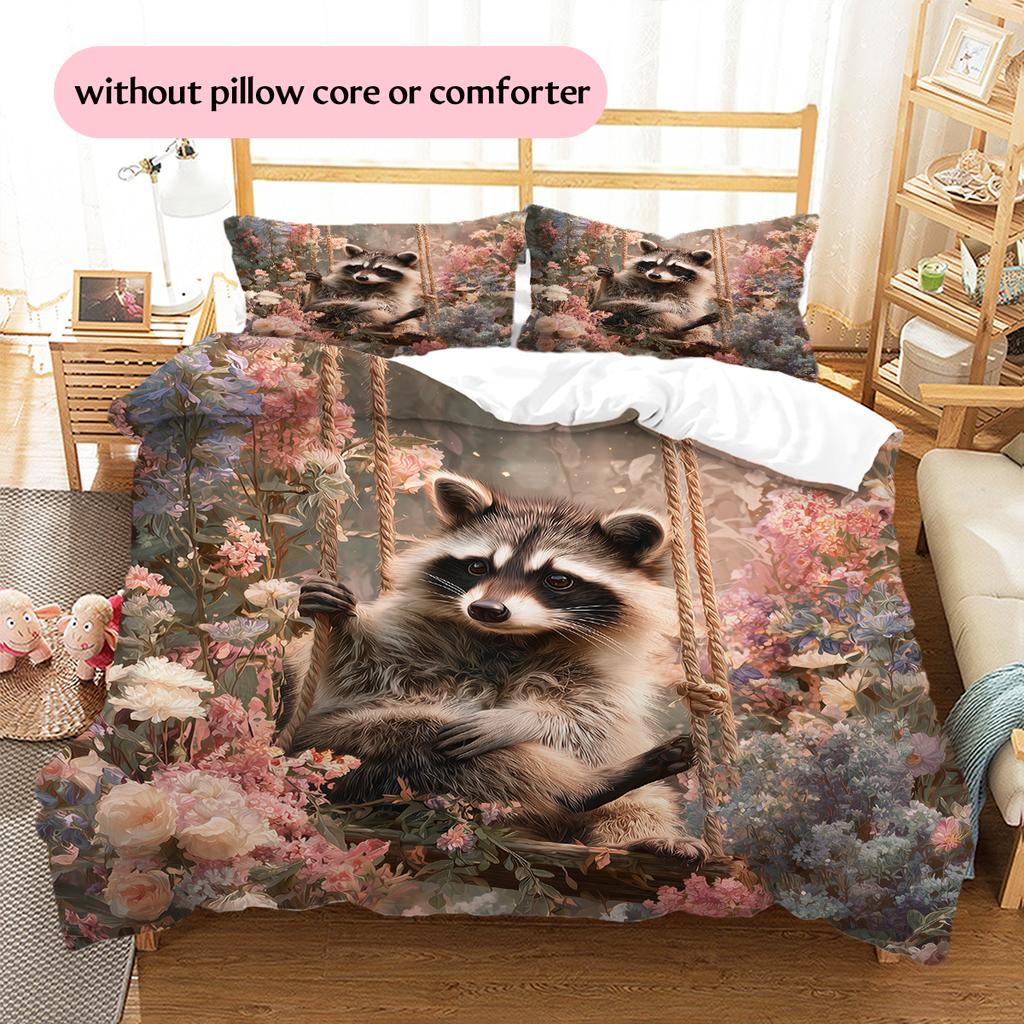 Raccoon and Flowers Pattern Bedding Home Decoration Birthday Gift (1 * duvet cover + 2 * pillowcase, without core)
