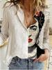 Модная вышивка ретро-принт с принтом лица, блузка с длинным рукавом, женская повседневная рубашка с лацканами и пуговицами