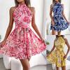 Spring and Summer New Temperament Tie Ruffled Big Swing Ladies Floral Dresses