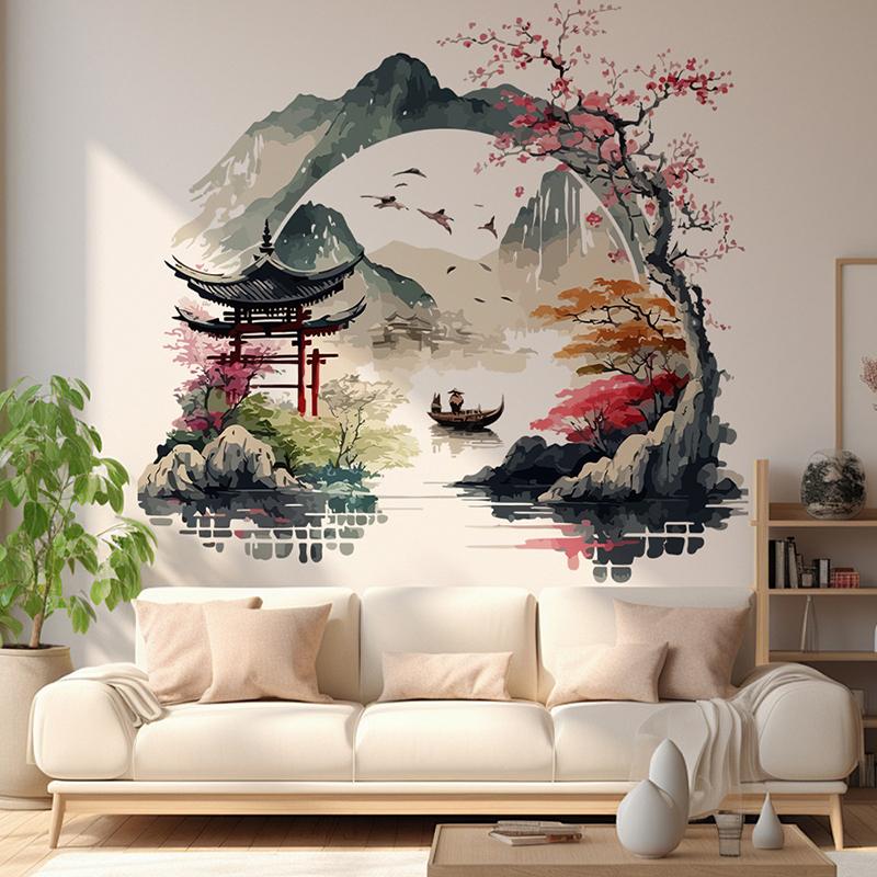 Пейзажная живопись Птицы Гора Река Наклейка на стену Фон Дом Спальня Стена Кухня Холодильник Домашний декор Наклейки