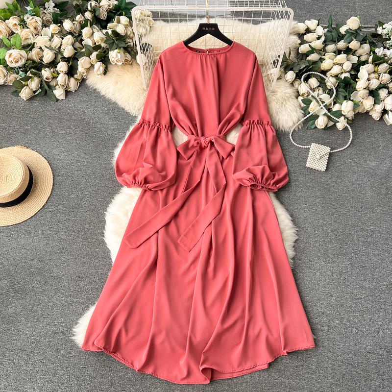 Женские винтажные милые платья средней длины с высокой талией А-силуэта с круглым вырезом и рукавами-фонариками на шнуровке Vestidos весна-лето Женское платье