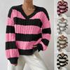 Women Knitted Sweater V-Neck Long Sleeve Crop Pullover Jumper Patchwork Color Twist