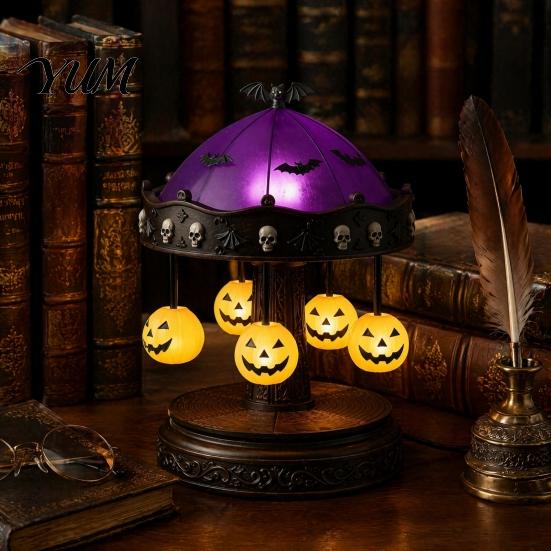Niche Gothic Home Accents Halloween Ghost Carousel Lights, Stained Glass Night Light with Retro Copper Creative Projection Base, USB Rechargeable
